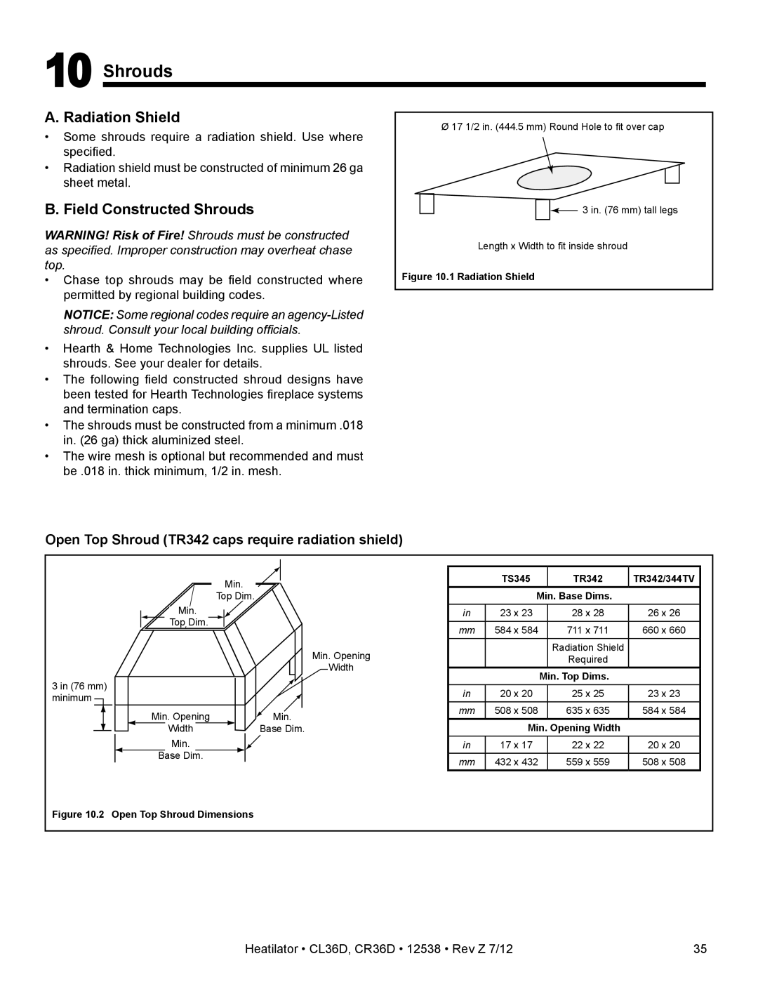 Heatiator CL36D owner manual A. Radiation Shield, B. Field Constructed Shrouds 