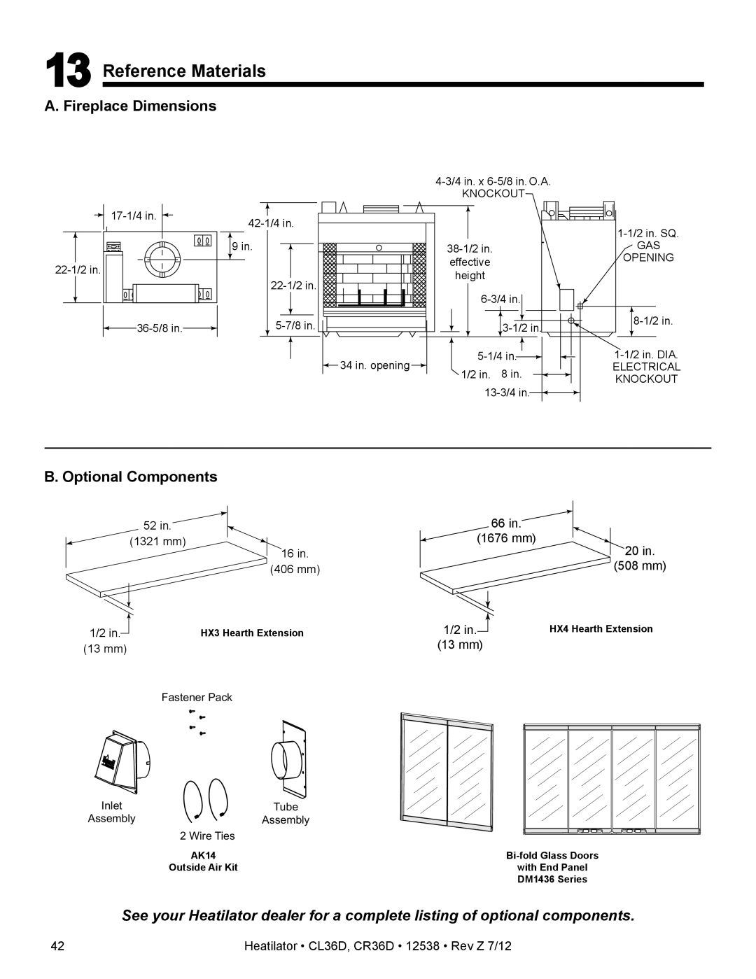 Heatiator CL36D owner manual Reference Materials, A. Fireplace Dimensions, B. Optional Components 