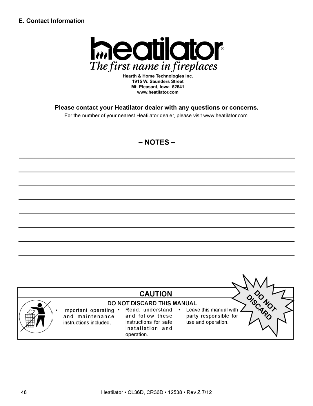 Heatiator CL36D owner manual Notes, E. Contact Information, Do Not Discard This Manual, Do Discardnot 