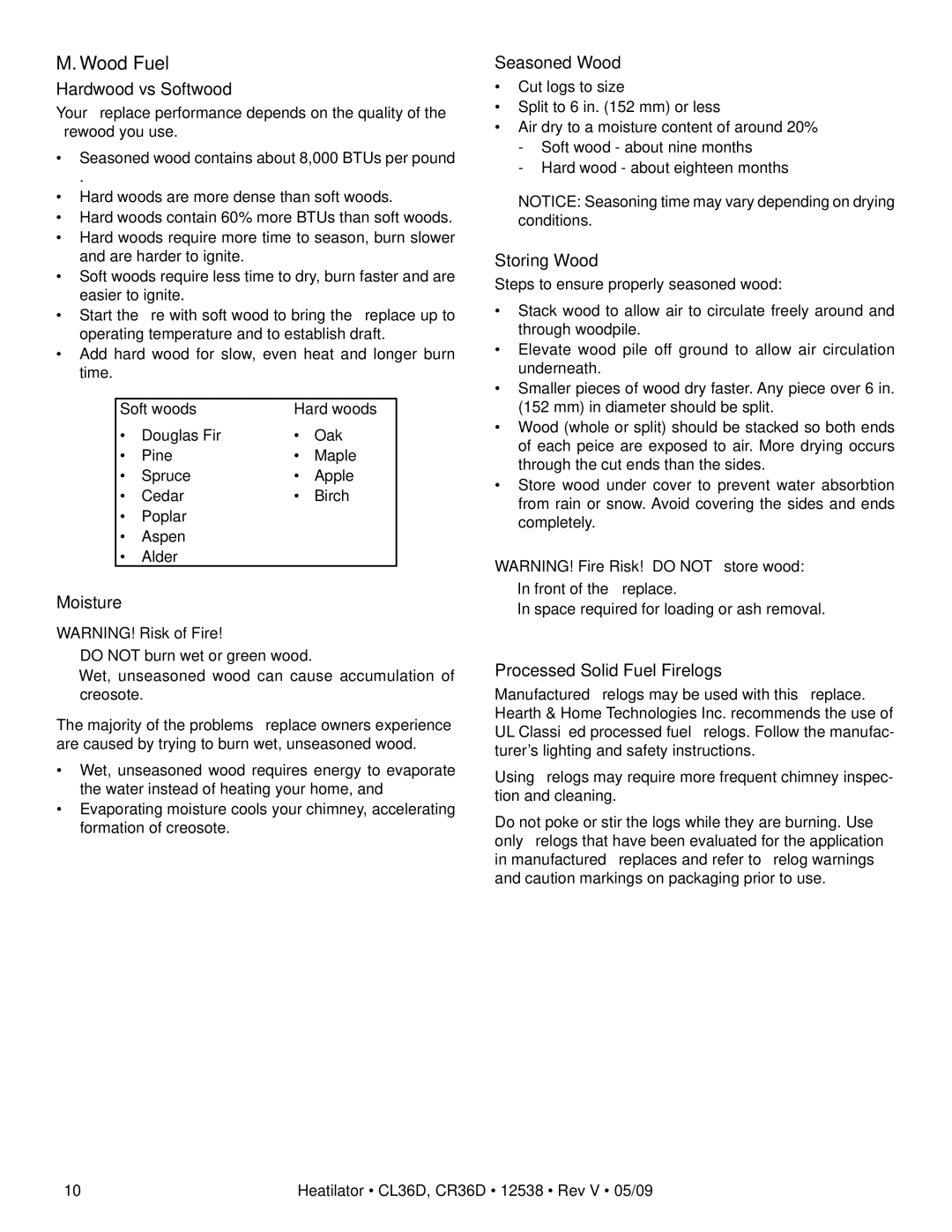 Heatiator CR36D, CL36D owner manual Wood Fuel, Hardwood vs Softwood 