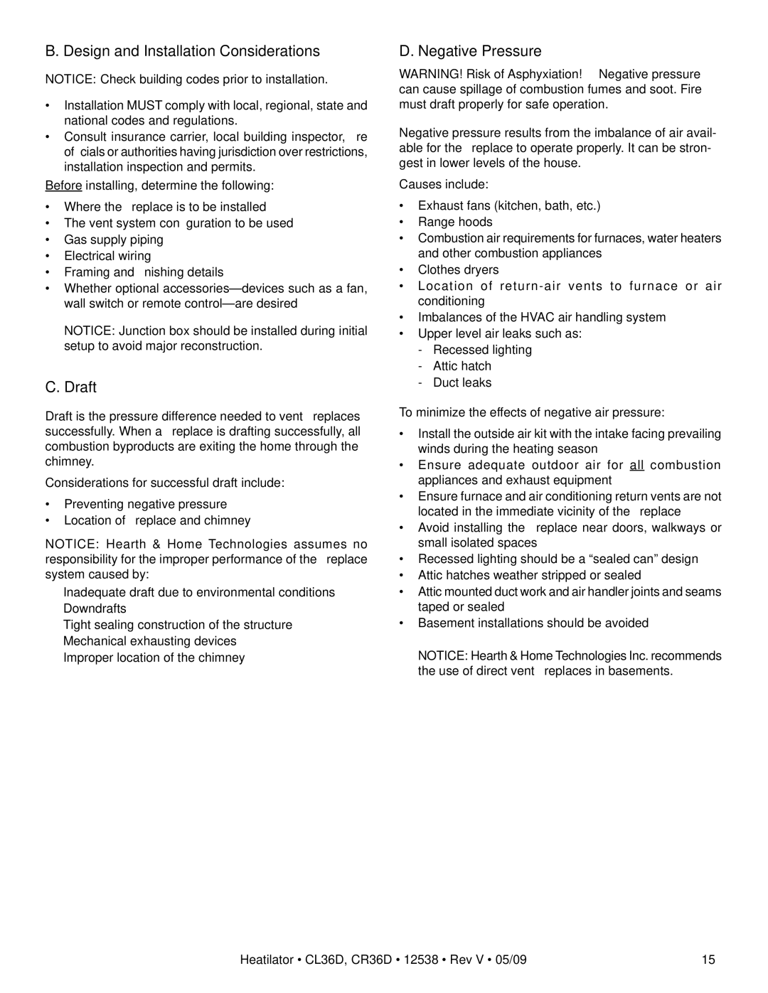 Heatiator CL36D, CR36D owner manual Design and Installation Considerations, Draft, Negative Pressure 