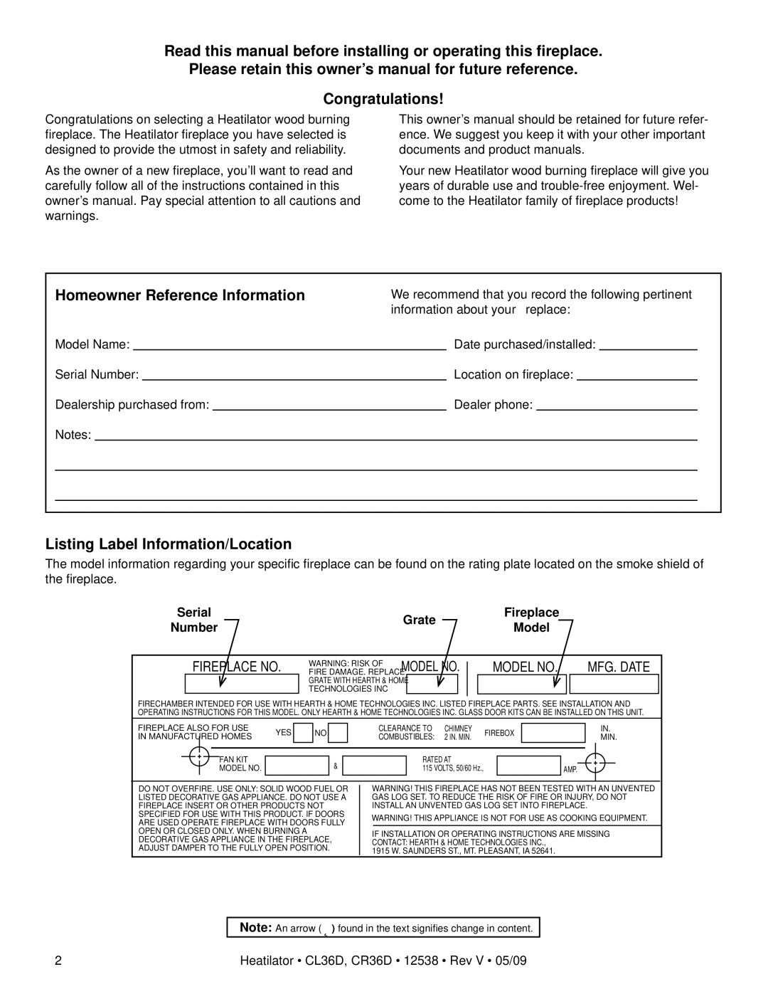 Heatiator CR36D, CL36D owner manual Listing Label Information/Location, Grate, Number 