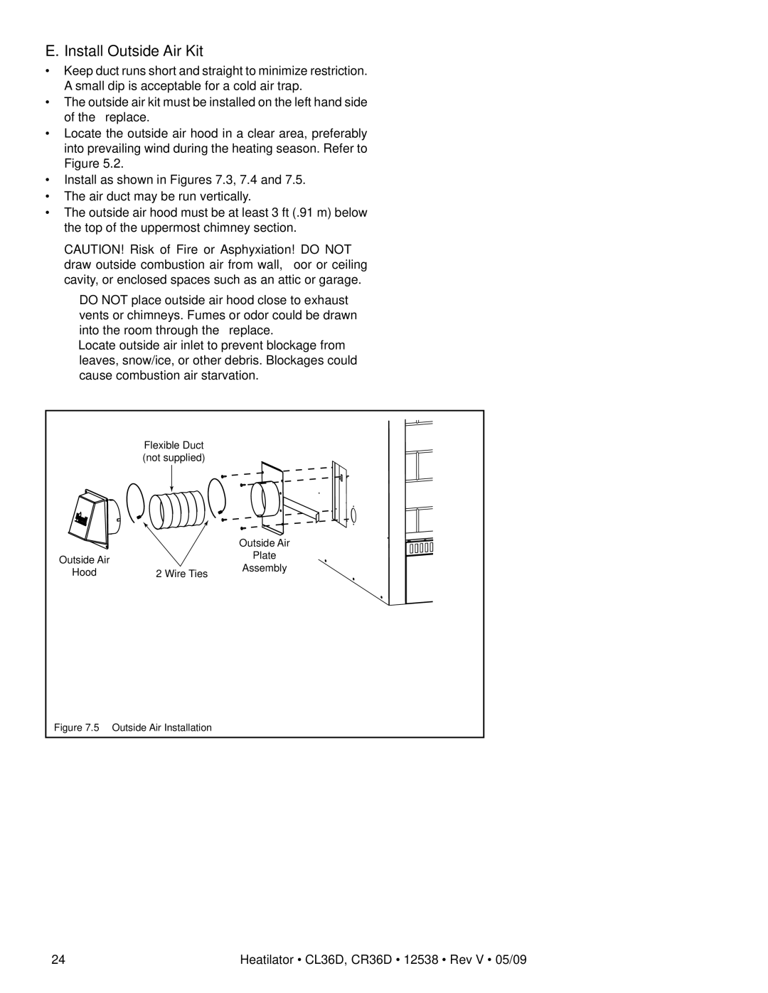 Heatiator CR36D, CL36D owner manual Install Outside Air Kit, Outside Air Installation 