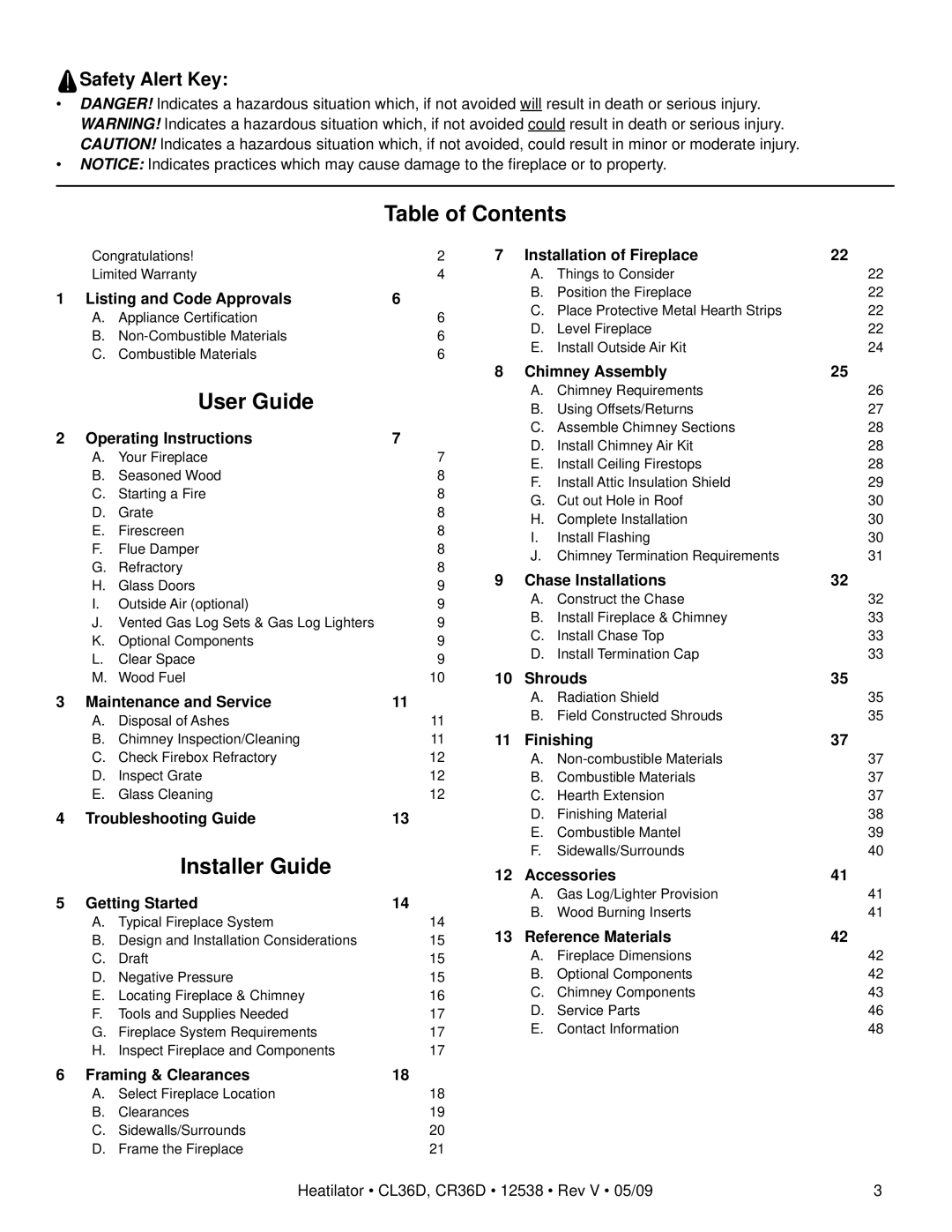 Heatiator CL36D, CR36D owner manual Table of Contents, User Guide, Installer Guide 