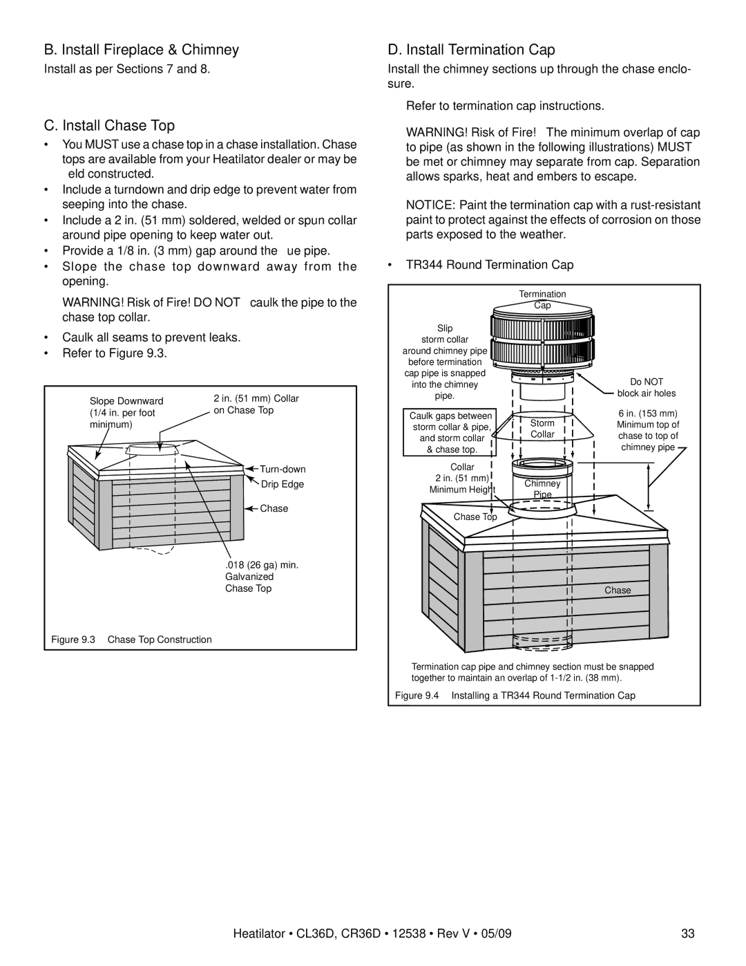 Heatiator CL36D, CR36D owner manual Install Fireplace & Chimney, Install Chase Top, Install Termination Cap 