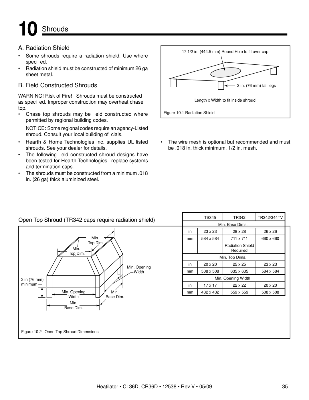 Heatiator CL36D, CR36D owner manual Radiation Shield, Field Constructed Shrouds 