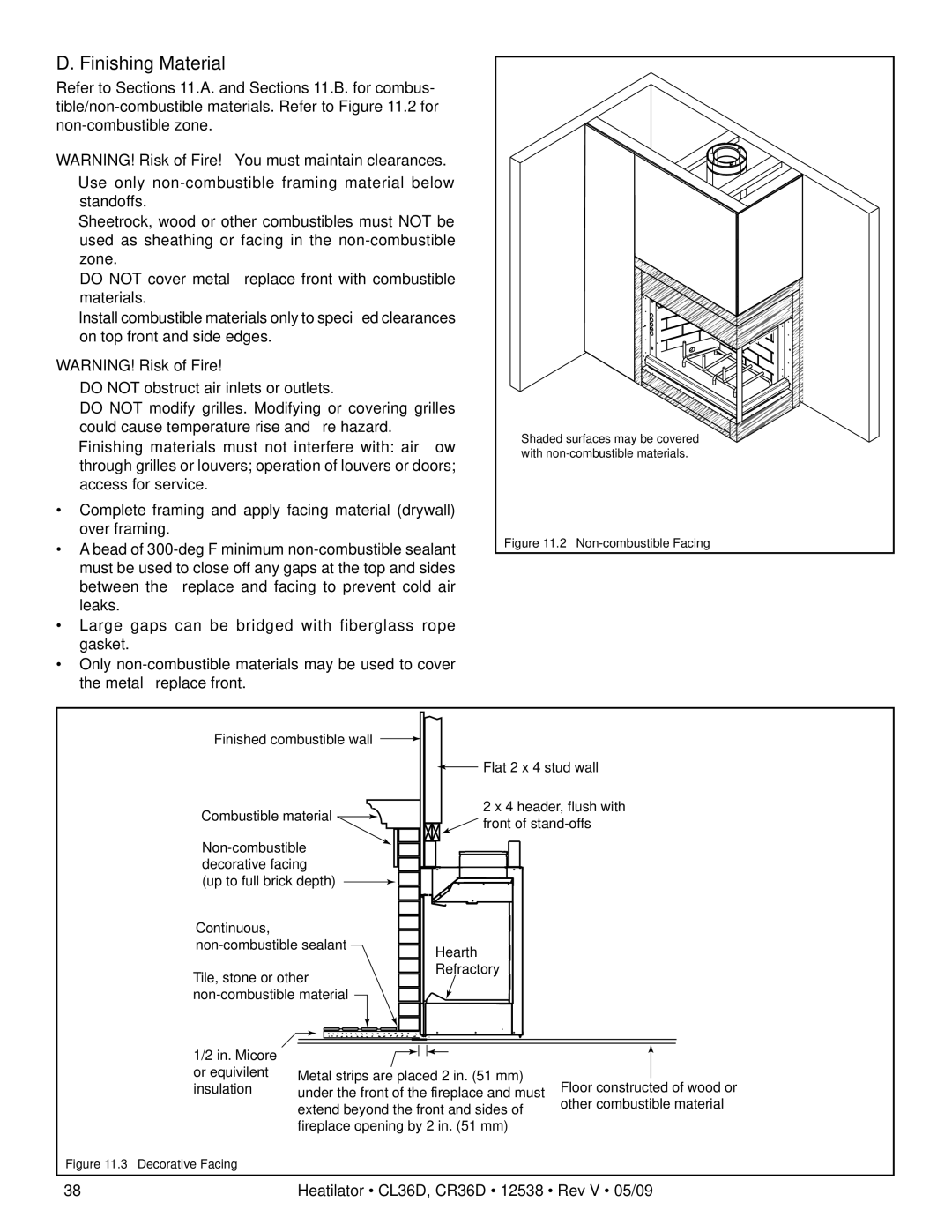 Heatiator CR36D, CL36D owner manual Finishing Material, In. Micore or equivilent insulation 