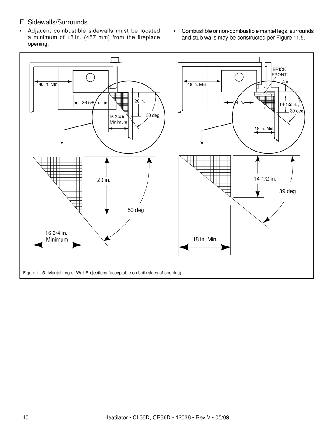 Heatiator CR36D, CL36D owner manual deg 16 3/4 in. Minimum 14-1/2 39 deg 18 in. Min 