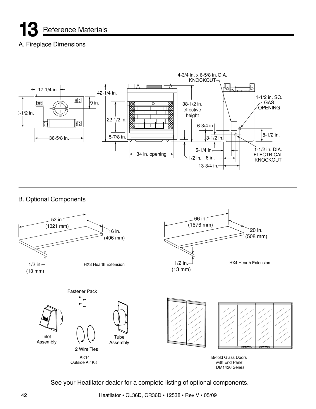 Heatiator CR36D, CL36D owner manual Reference Materials, Fireplace Dimensions 