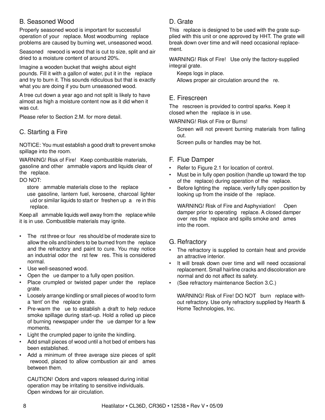 Heatiator CR36D, CL36D owner manual Seasoned Wood, Starting a Fire, Grate, Firescreen, Flue Damper, Refractory 