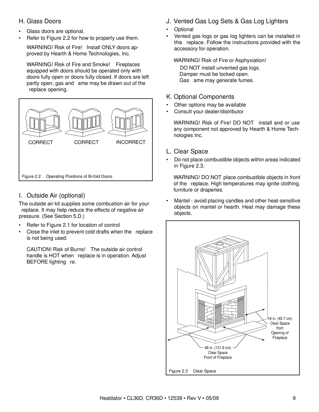 Heatiator CL36D, CR36D Glass Doors, Outside Air optional, Vented Gas Log Sets & Gas Log Lighters, Optional Components 