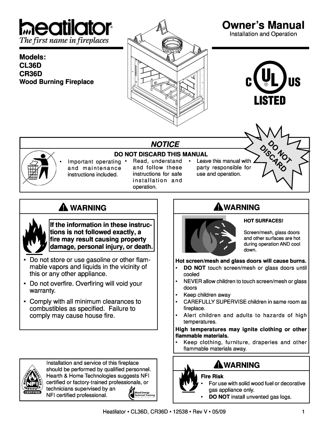 Heatiator owner manual Wood Burning Fireplace, Owner’s Manual, Models CL36D CR36D 
