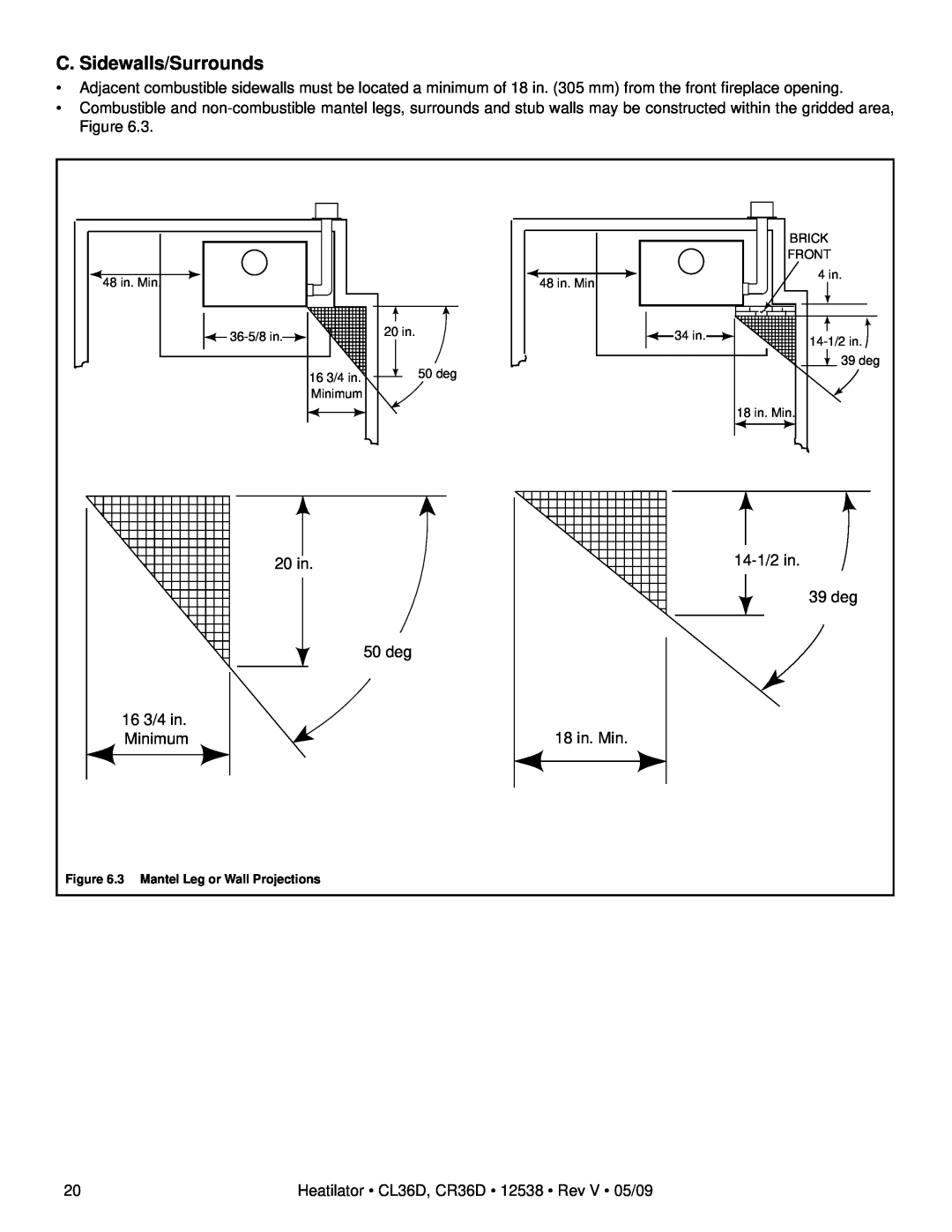 Heatiator CR36D, CL36D owner manual C. Sidewalls/Surrounds, 20 in, 39 deg, 50 deg, 16 3/4 in, 18 in. Min, Minimum 