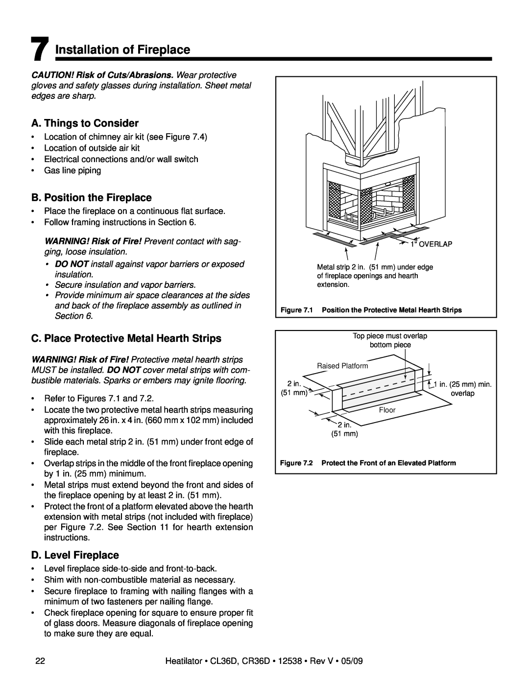 Heatiator CR36D, CL36D Installation of Fireplace, A. Things to Consider, B. Position the Fireplace, D. Level Fireplace 