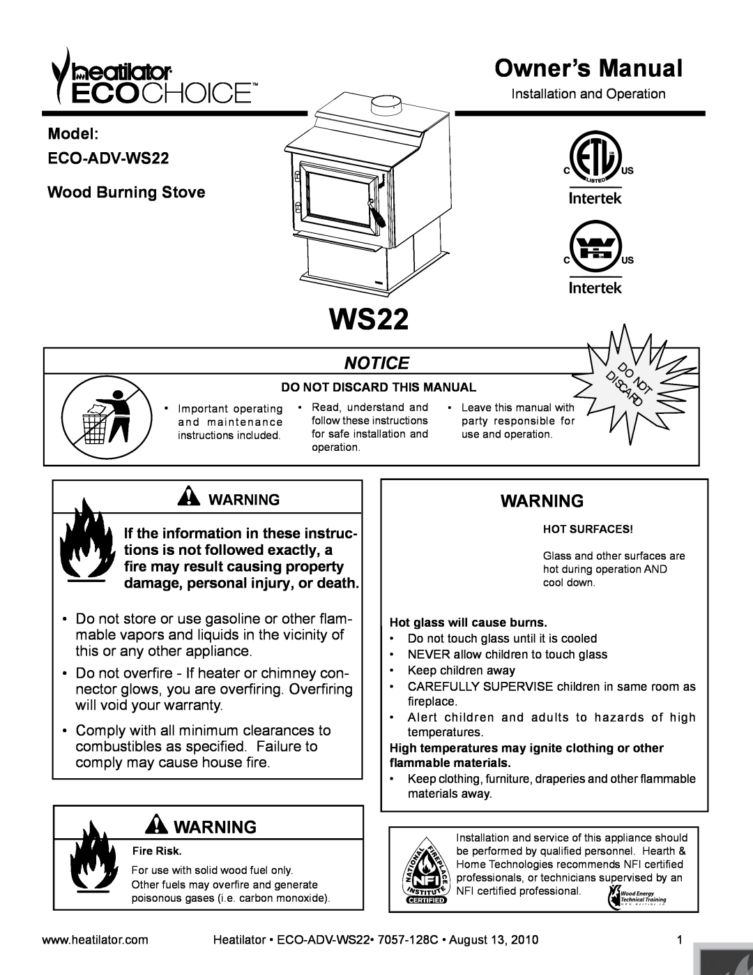 Heatiator warranty Do Dis Not C Ar D, Model ECO-ADV-WS22 Wood Burning Stove 