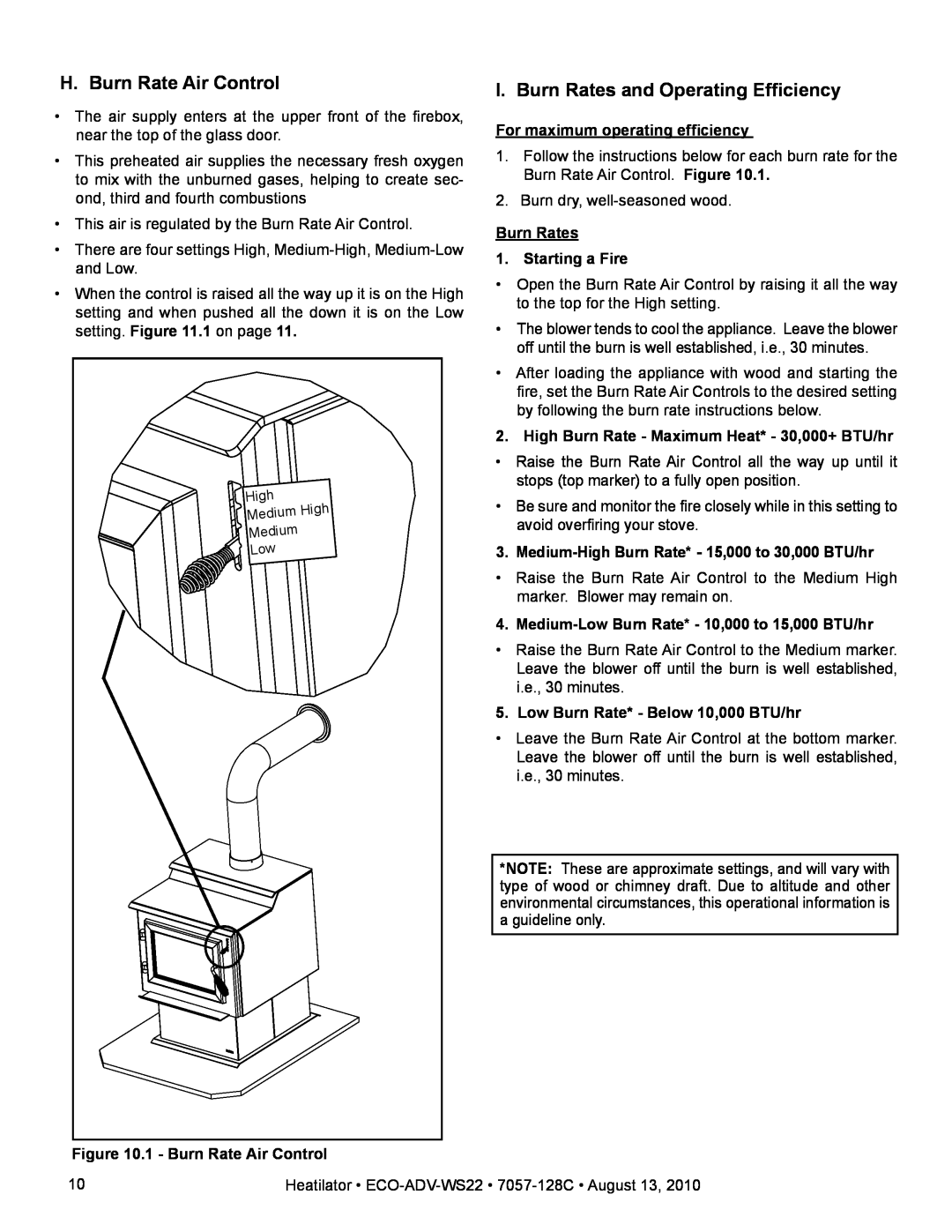 Heatiator ECO-ADV-WS22 warranty H.Burn Rate Air Control, I. Burn Rates and Operating Efficiency, 1 - Burn Rate Air Control 