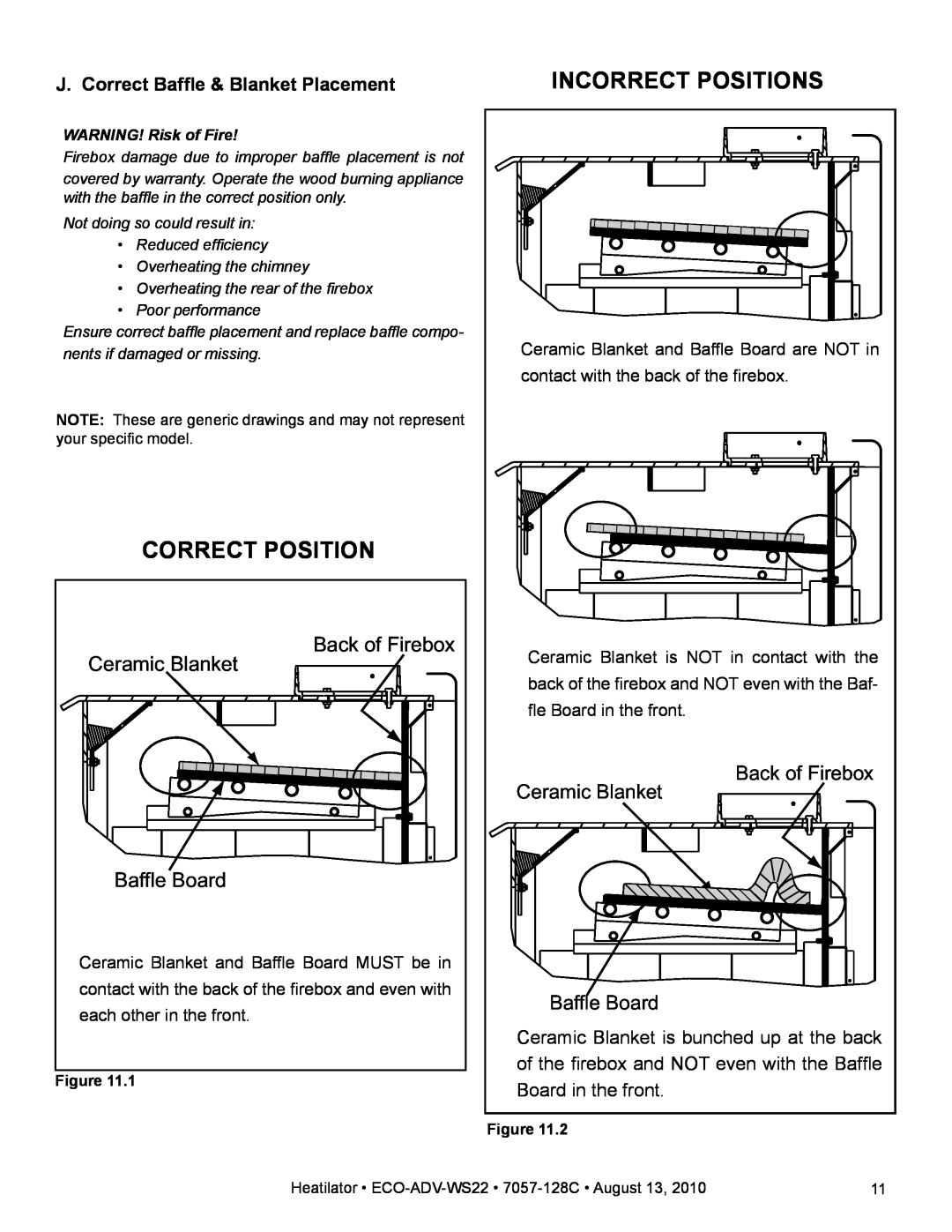 Heatiator ECO-ADV-WS22 warranty Ceramic Blanket, Back of Firebox, Baffle Board, J. Correct Baffle & Blanket Placement 