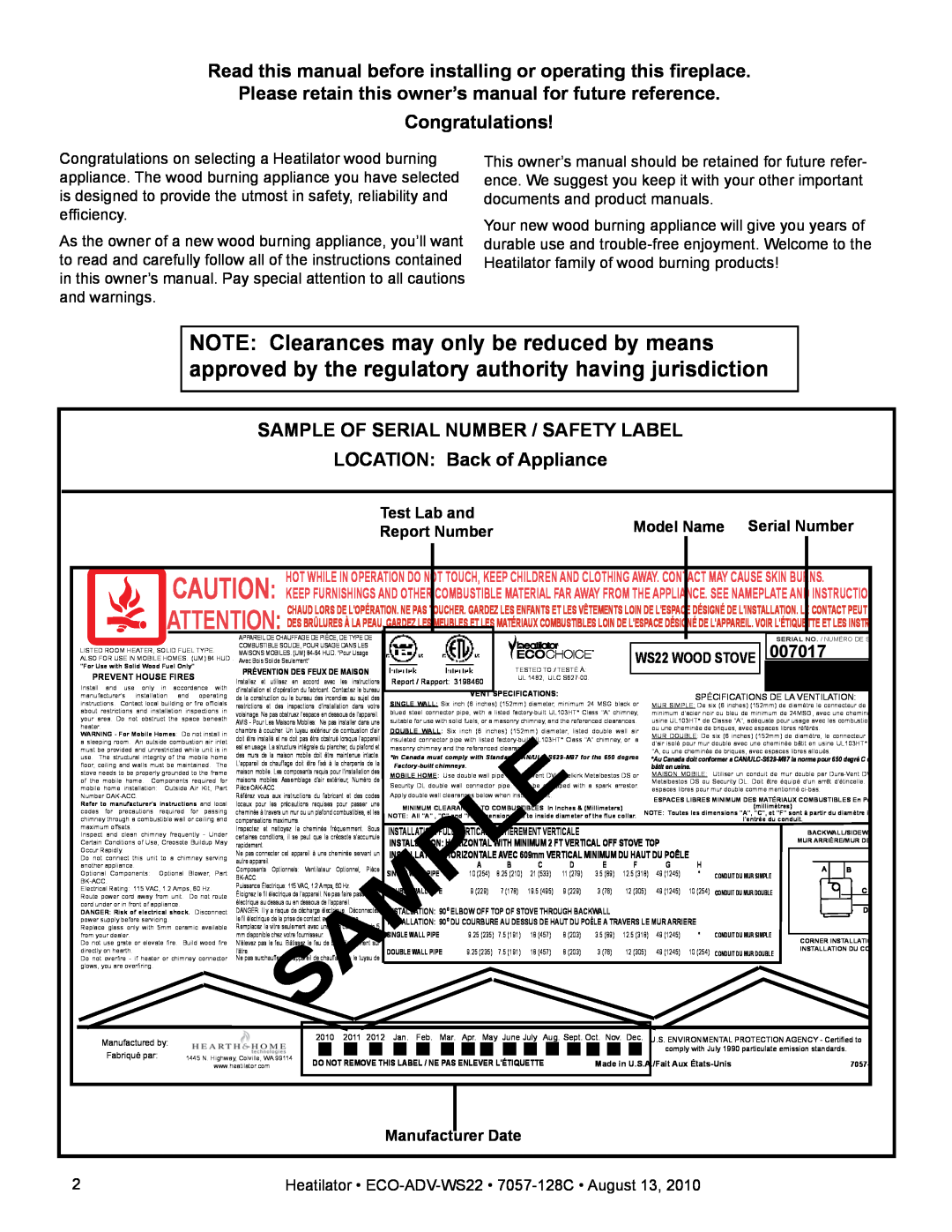 Heatiator ECO-ADV-WS22 Congratulations, Sample Of Serial Number / Safety Label, LOCATION Back of Appliance, Test Lab and 