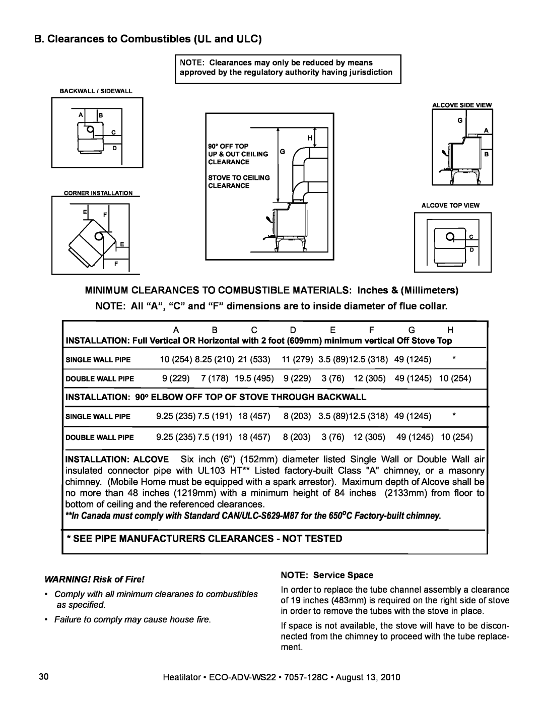 Heatiator ECO-ADV-WS22 warranty B. Clearances to Combustibles UL and ULC, See Pipe Manufacturers Clearances - Not Tested 