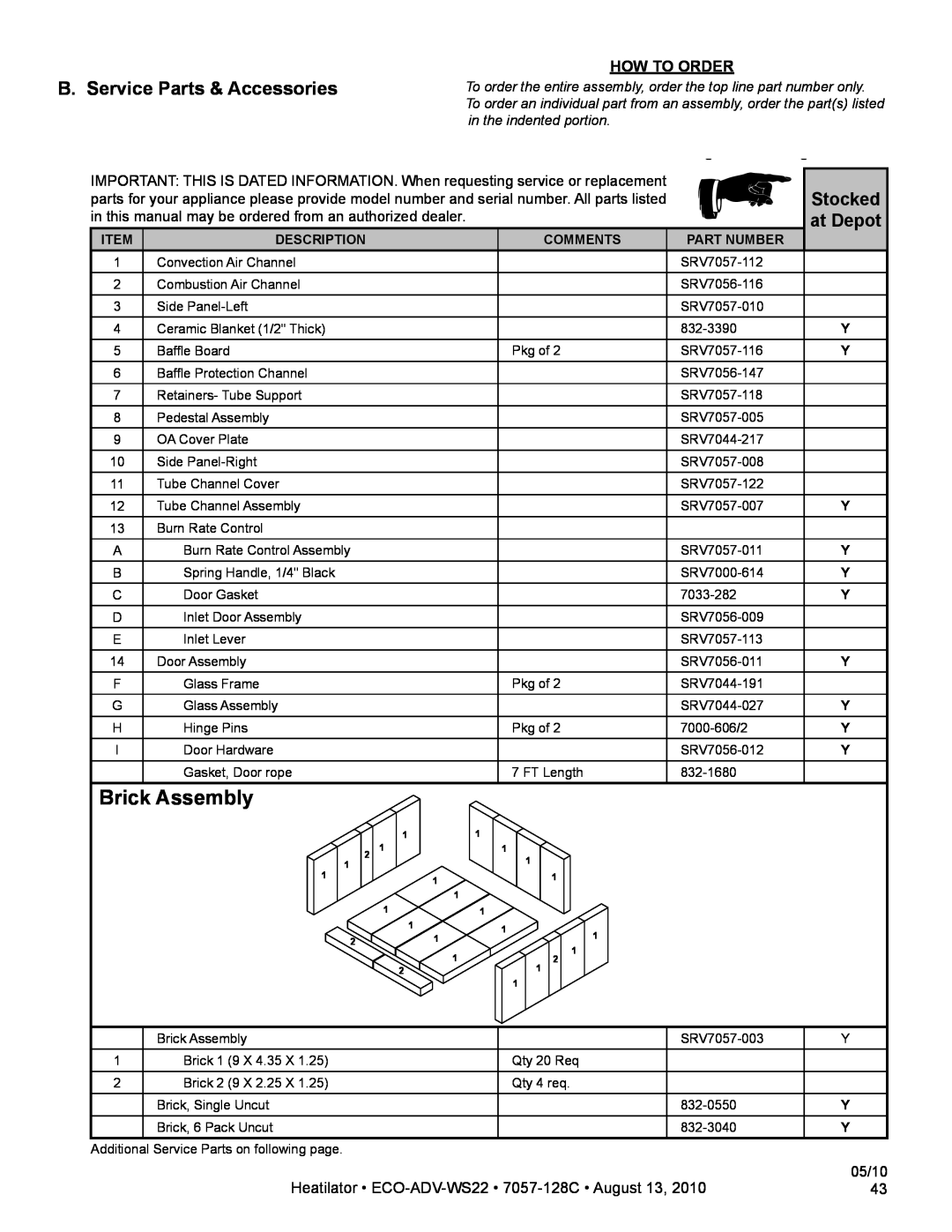 Heatiator ECO-ADV-WS22 Brick Assembly, B. Service Parts & Accessories, How To Order, Description, Comments, Part Number 