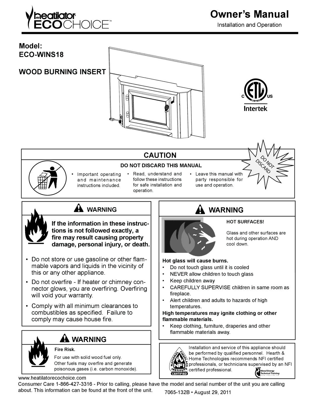 Heatiator ECO-WINS18 owner manual Model, If the information in these instruc, Tions is not followed exactly, a 