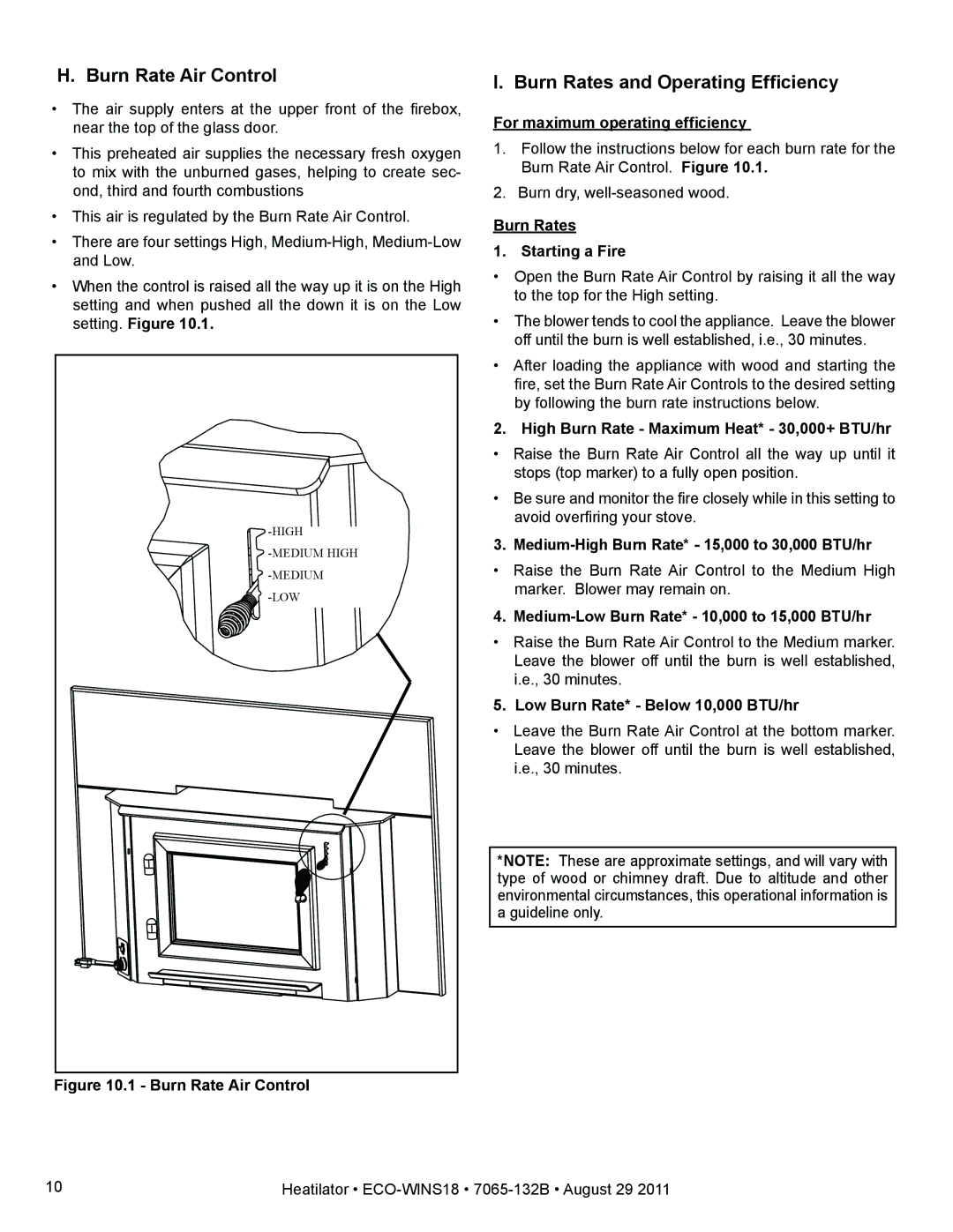 Heatiator ECO-WINS18 owner manual Burn Rate Air Control, Burn Rates and Operating Efficiency 