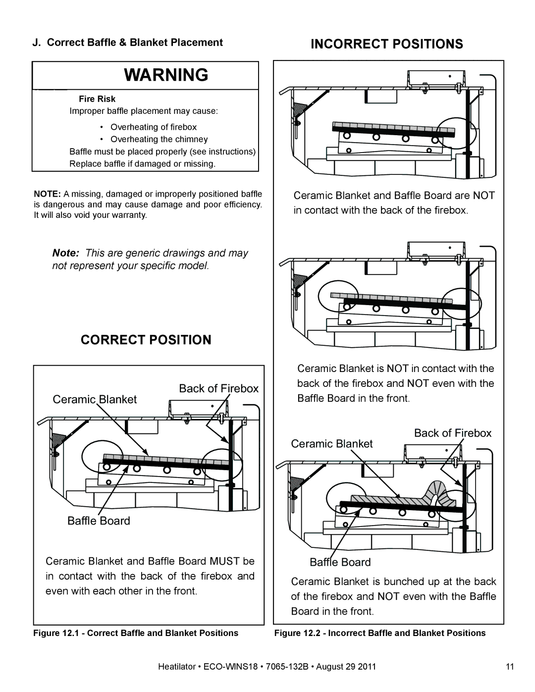 Heatiator ECO-WINS18 owner manual Correct Baffle & Blanket Placement, Fire Risk 