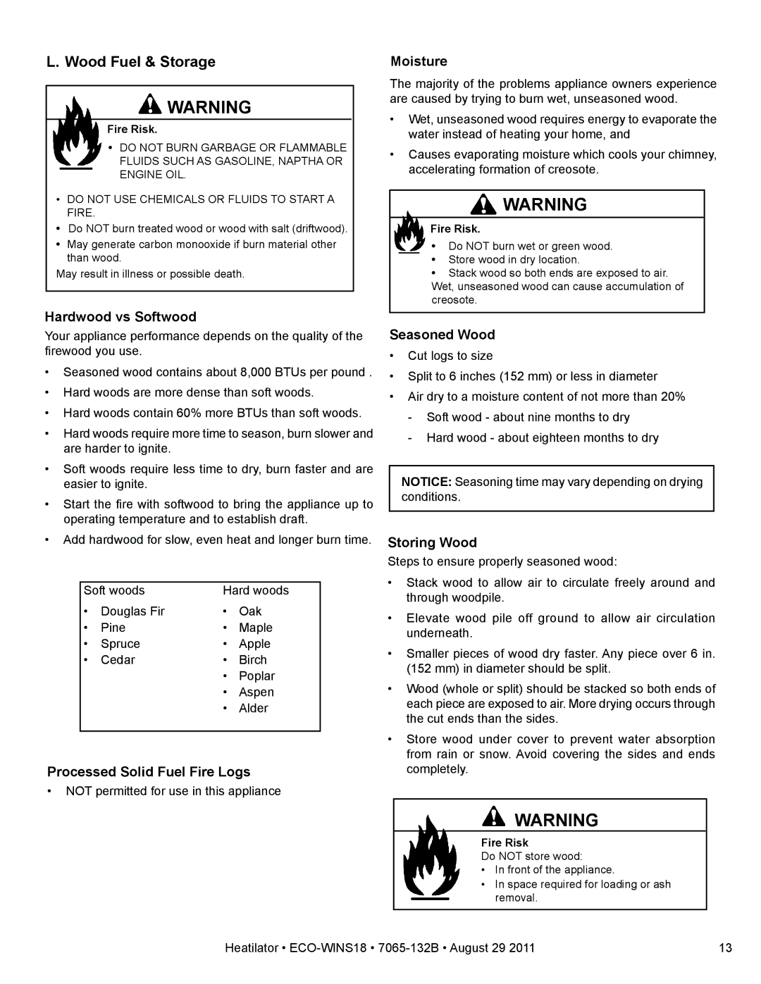 Heatiator ECO-WINS18 owner manual Wood Fuel & Storage, Hardwood vs Softwood 