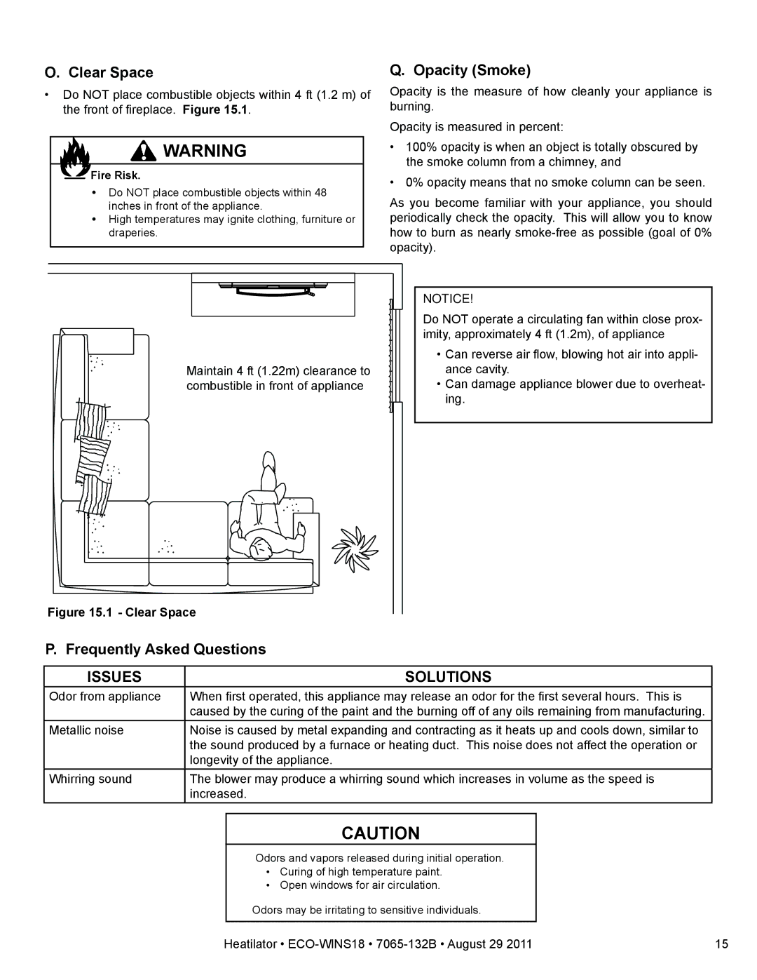 Heatiator ECO-WINS18 owner manual Clear Space, Opacity Smoke, Frequently Asked Questions 