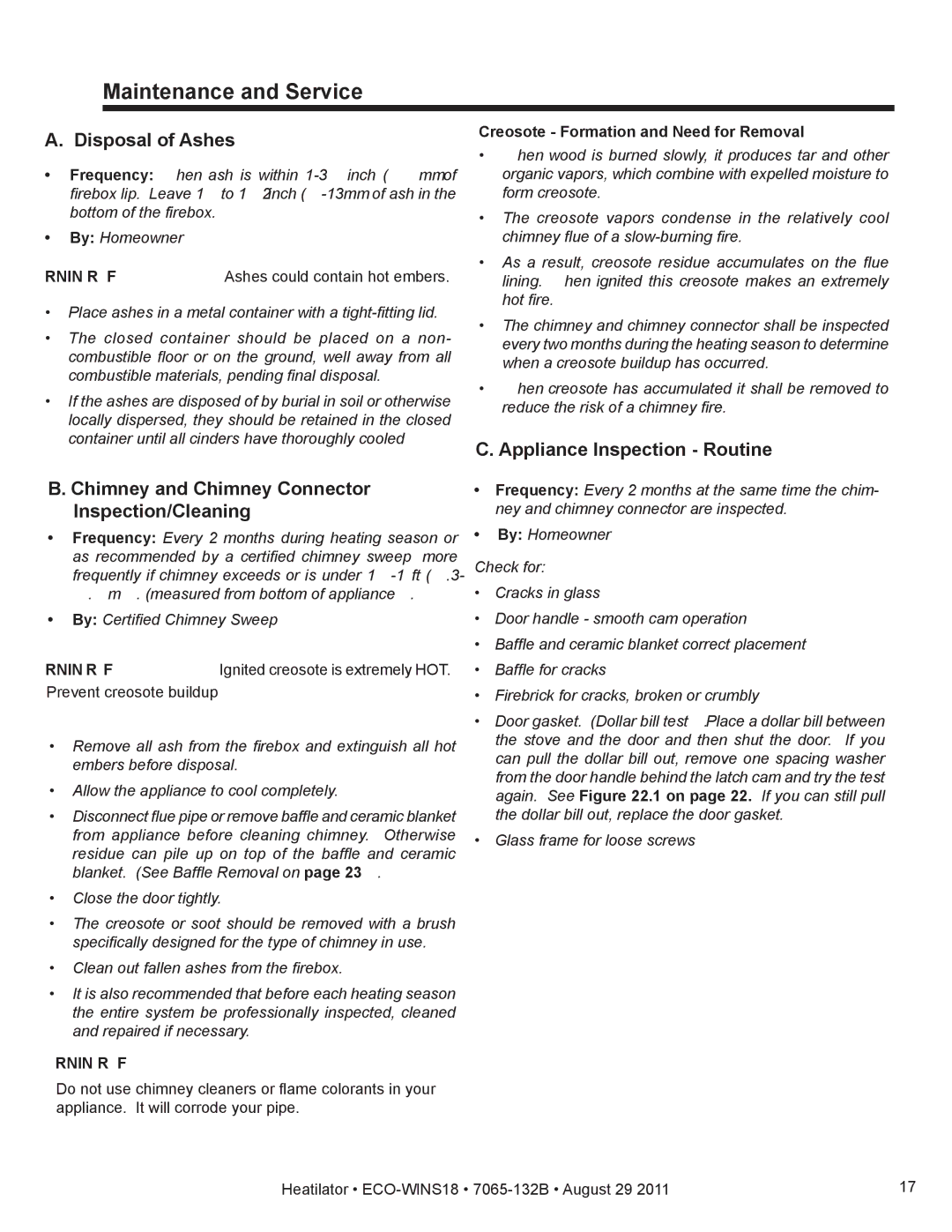 Heatiator ECO-WINS18 Maintenance and Service, Disposal of Ashes, Chimney and Chimney Connector Inspection/Cleaning 