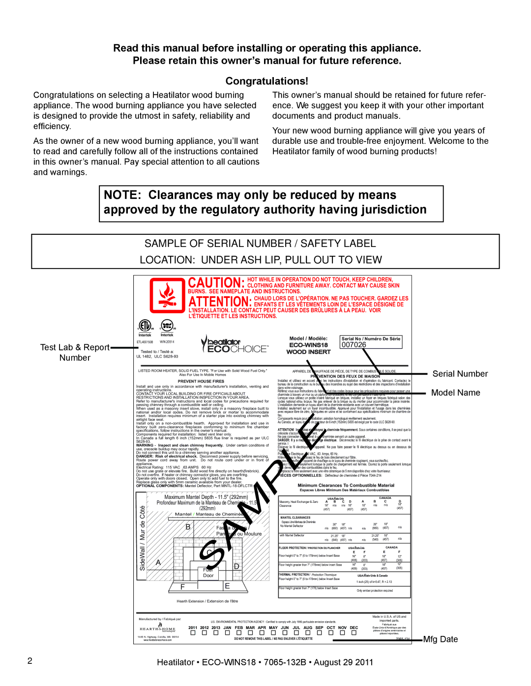 Heatiator owner manual Heatilator ECO-WINS18 7065-132B August 29 Mfg Date 