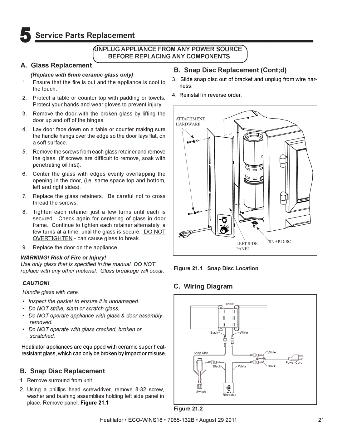 Heatiator ECO-WINS18 owner manual Service Parts Replacement, Glass Replacement Snap Disc Replacement Contd, Wiring Diagram 