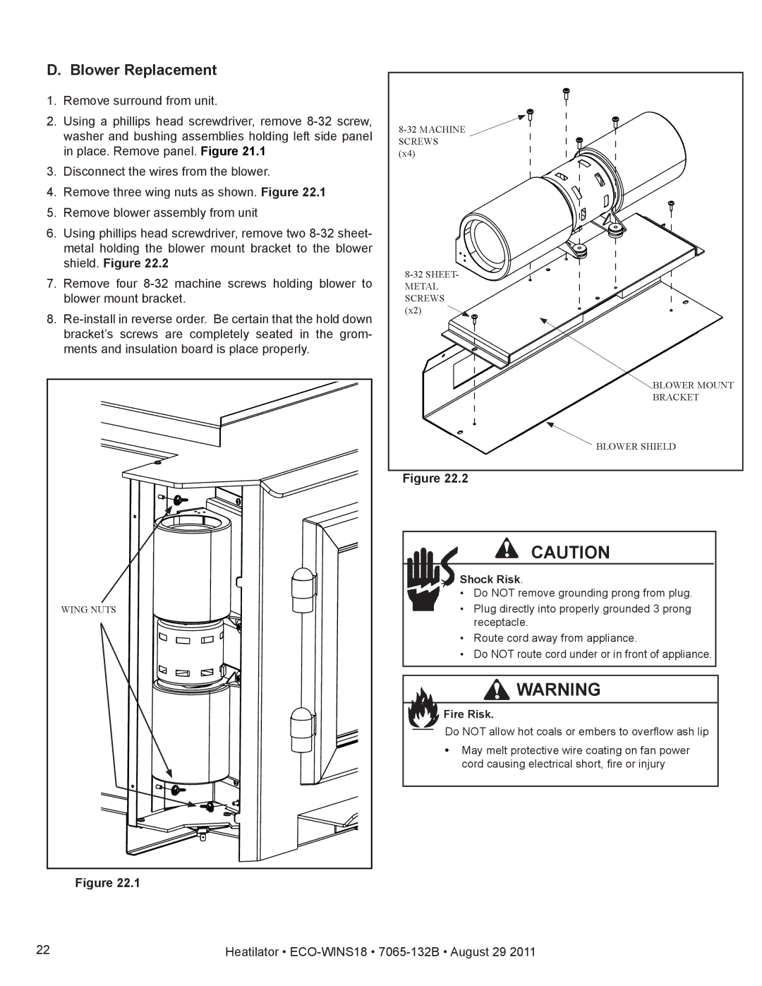 Heatiator ECO-WINS18 owner manual Blower Replacement, Shock Risk 