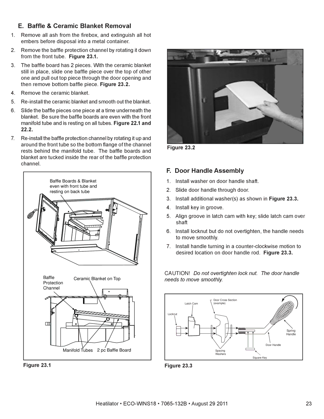 Heatiator ECO-WINS18 owner manual Baffle & Ceramic Blanket Removal, Door Handle Assembly 