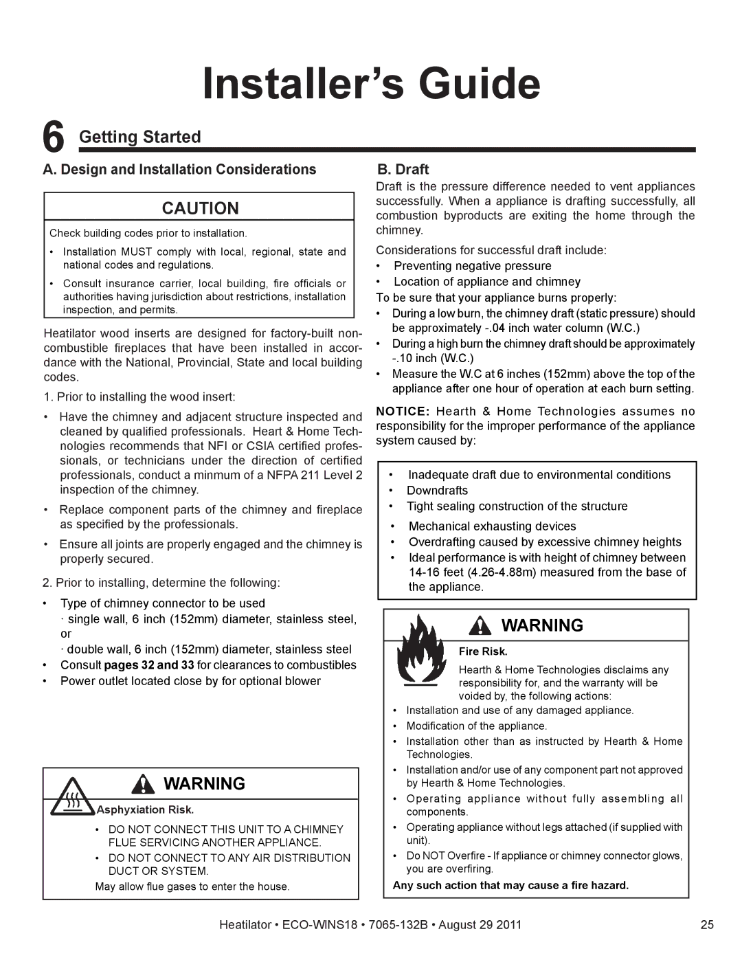 Heatiator ECO-WINS18 owner manual Getting Started, Design and Installation Considerations, Draft 