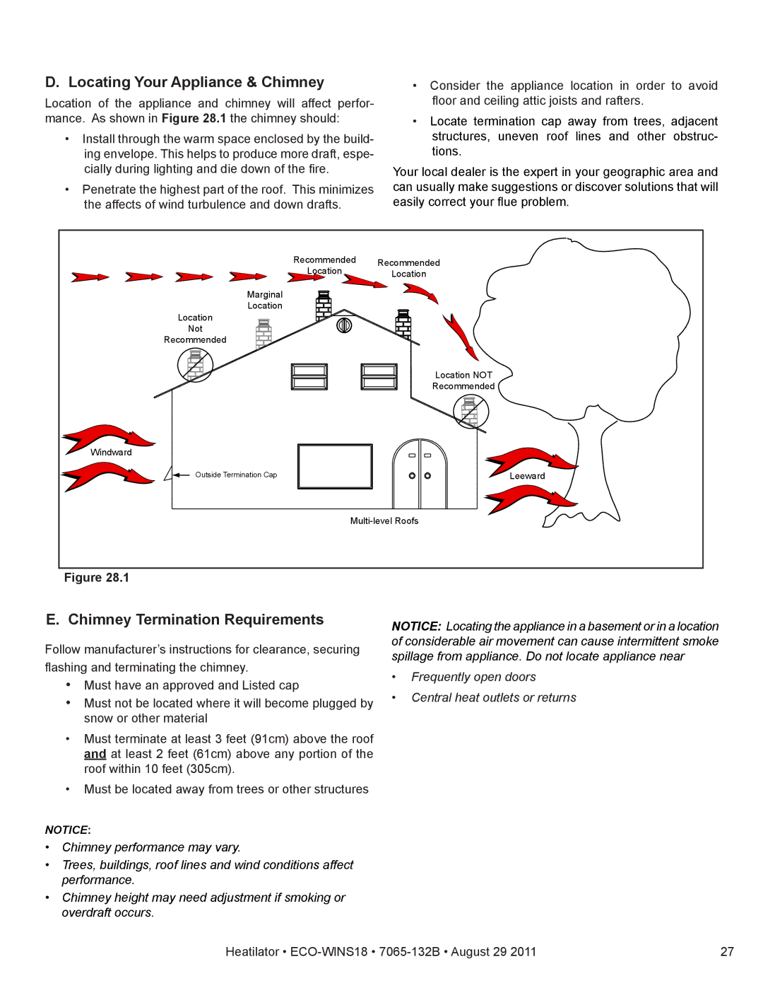 Heatiator ECO-WINS18 owner manual Locating Your Appliance & Chimney, Chimney Termination Requirements 