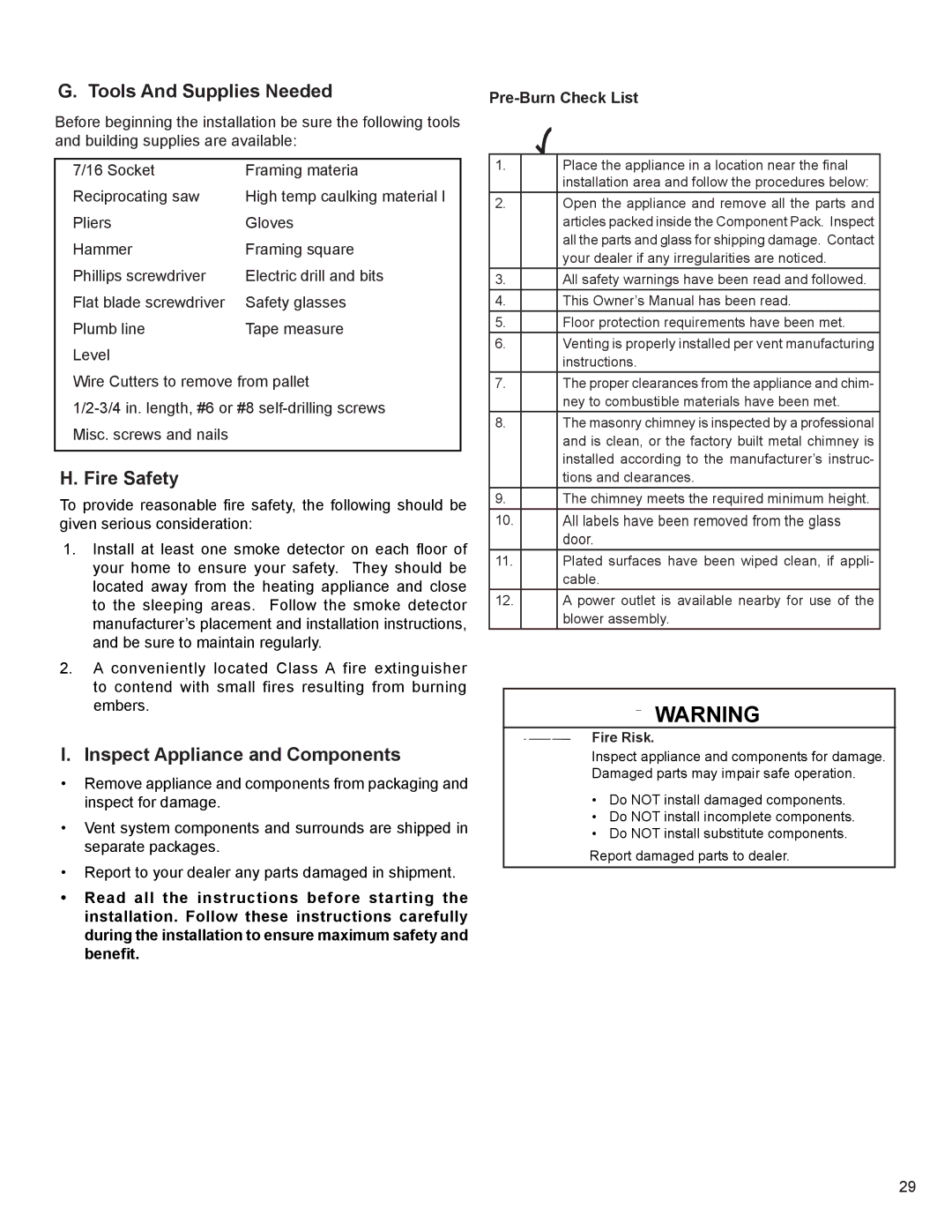 Heatiator ECO-WINS18 owner manual Tools And Supplies Needed, Inspect Appliance and Components 