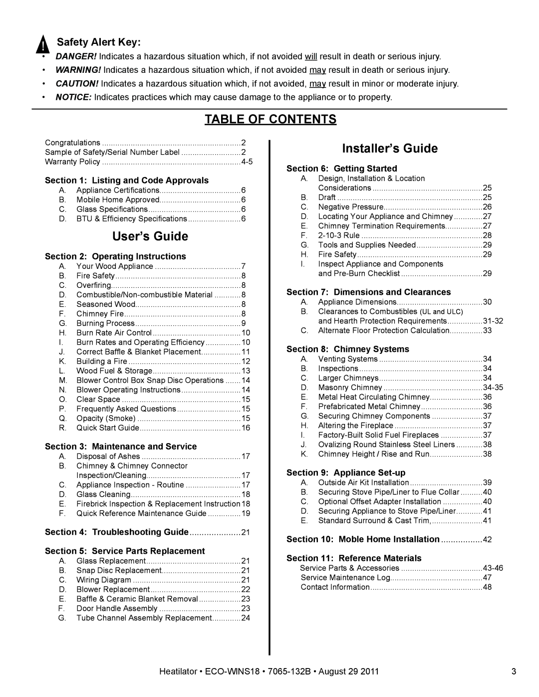 Heatiator ECO-WINS18 owner manual Table of Contents 