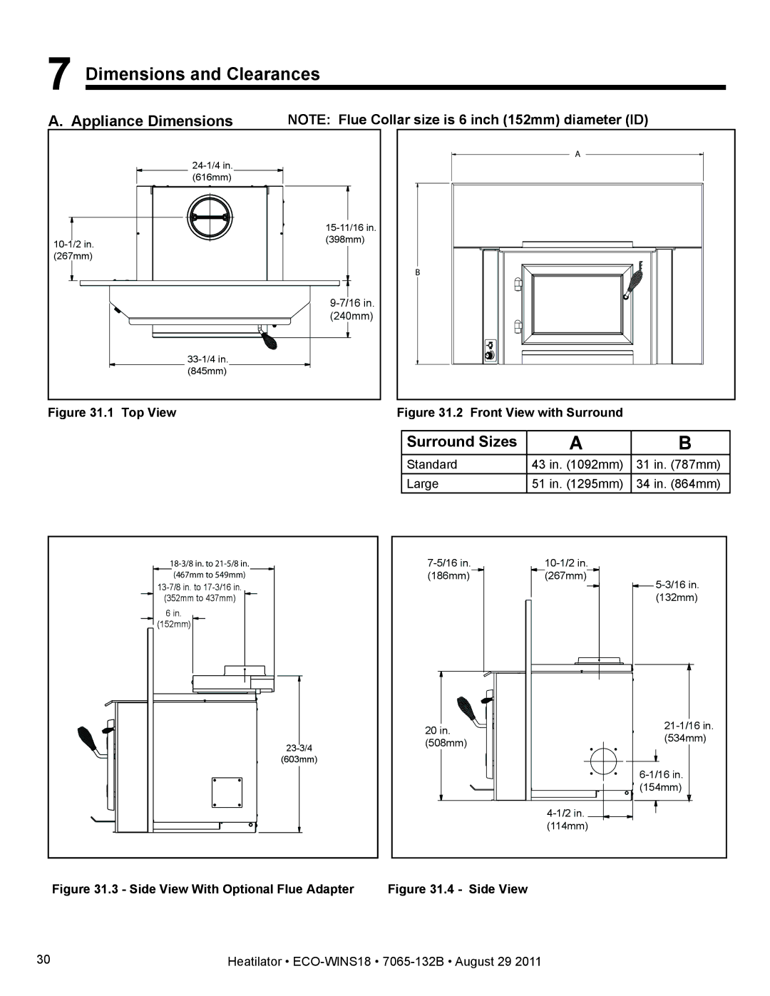 Heatiator ECO-WINS18 owner manual Dimensions and Clearances, Appliance Dimensions, Surround Sizes 