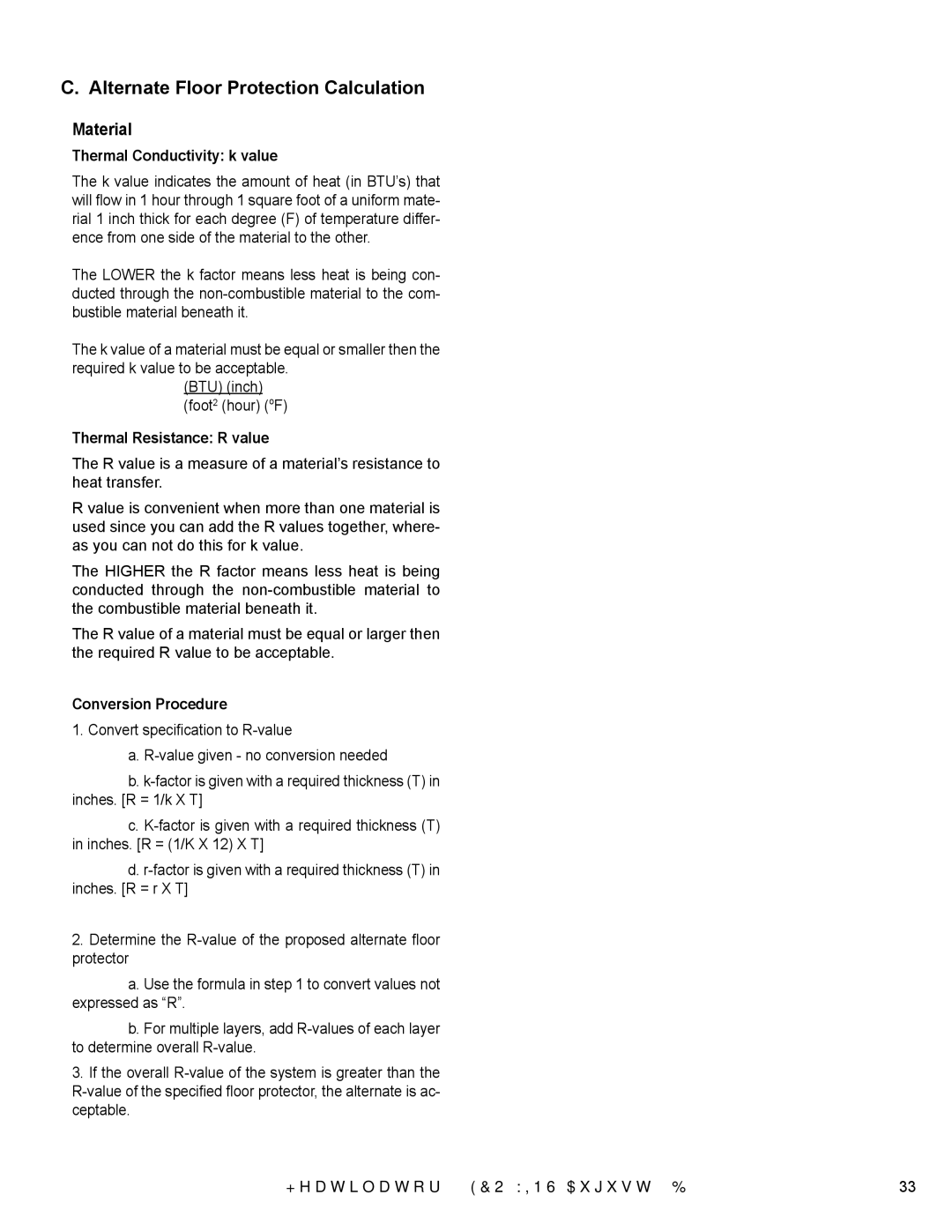 Heatiator ECO-WINS18 Alternate Floor Protection Calculation, Thermal Conductivity k value, Thermal Resistance R value 