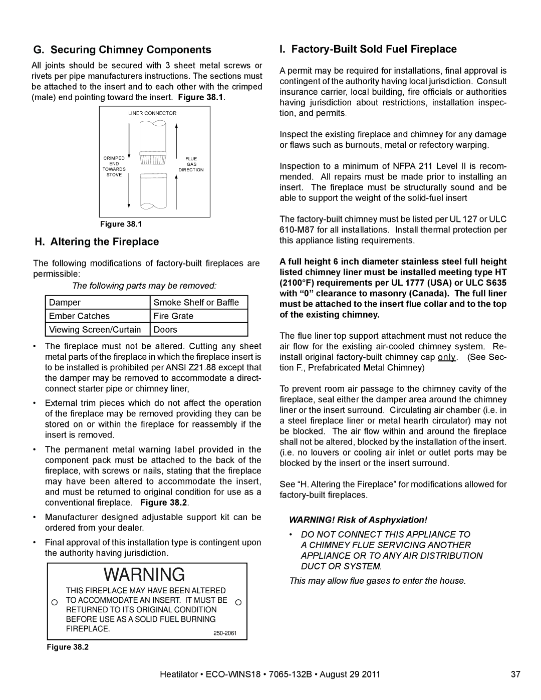 Heatiator ECO-WINS18 owner manual Securing Chimney Components, Altering the Fireplace, Factory-Built Sold Fuel Fireplace 