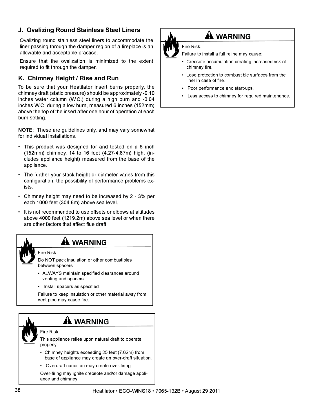 Heatiator ECO-WINS18 owner manual Ovalizing Round Stainless Steel Liners, Chimney Height / Rise and Run 