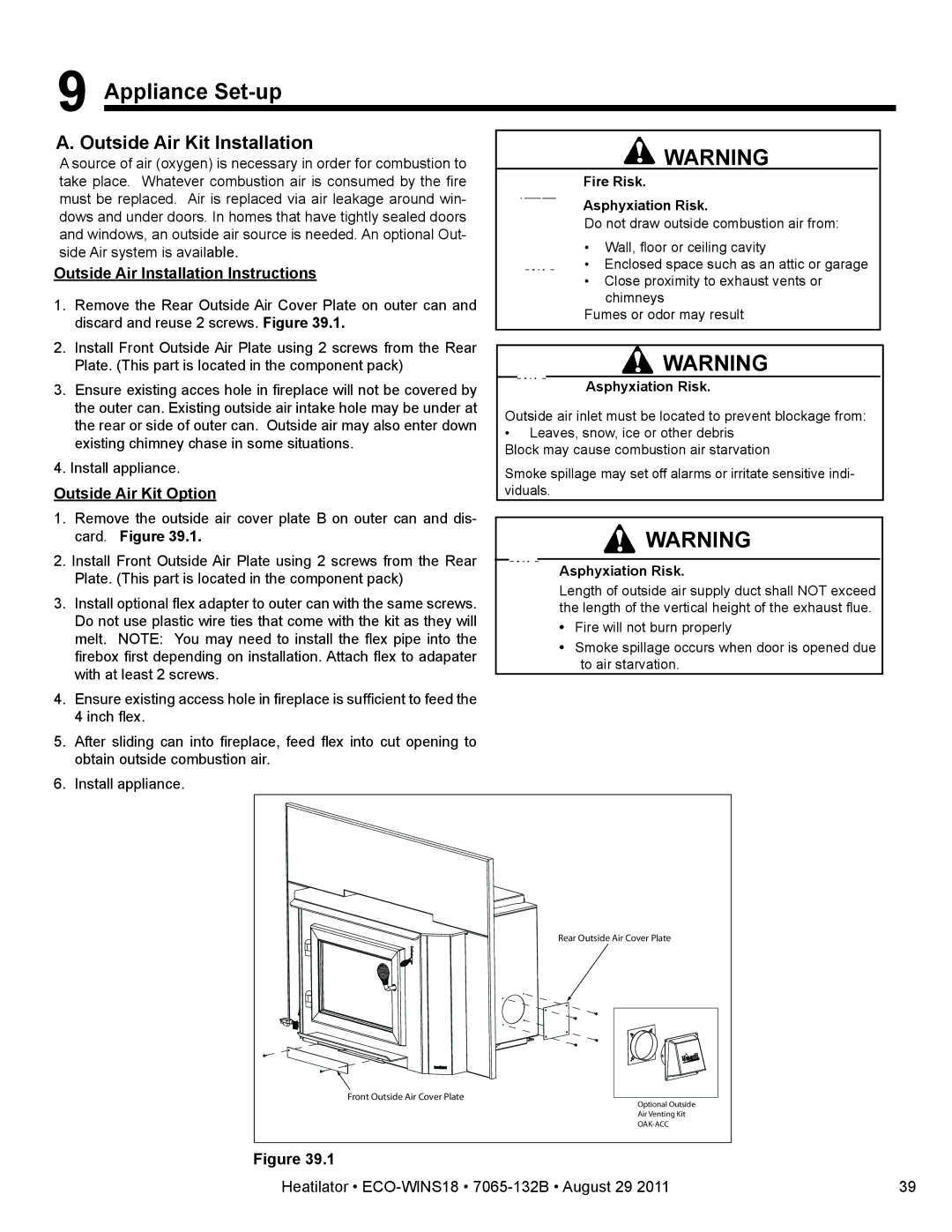 Heatiator ECO-WINS18 owner manual Appliance Set-up, Outside Air Kit Installation, Outside Air Installation Instructions 