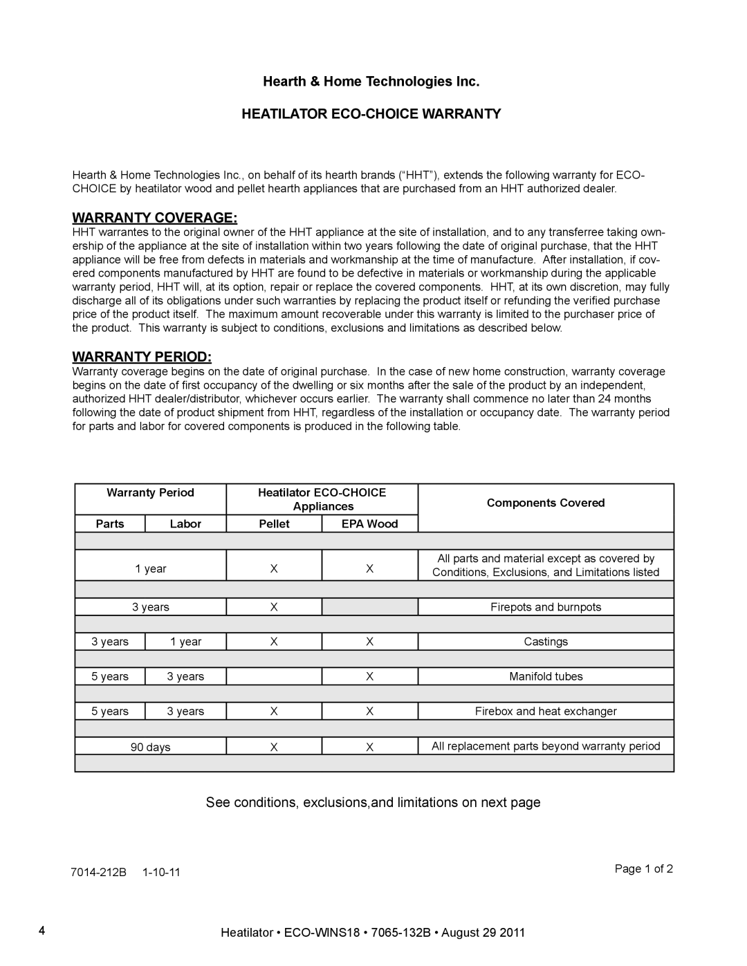 Heatiator ECO-WINS18 owner manual Heatilator ECO-CHOICE Warranty 