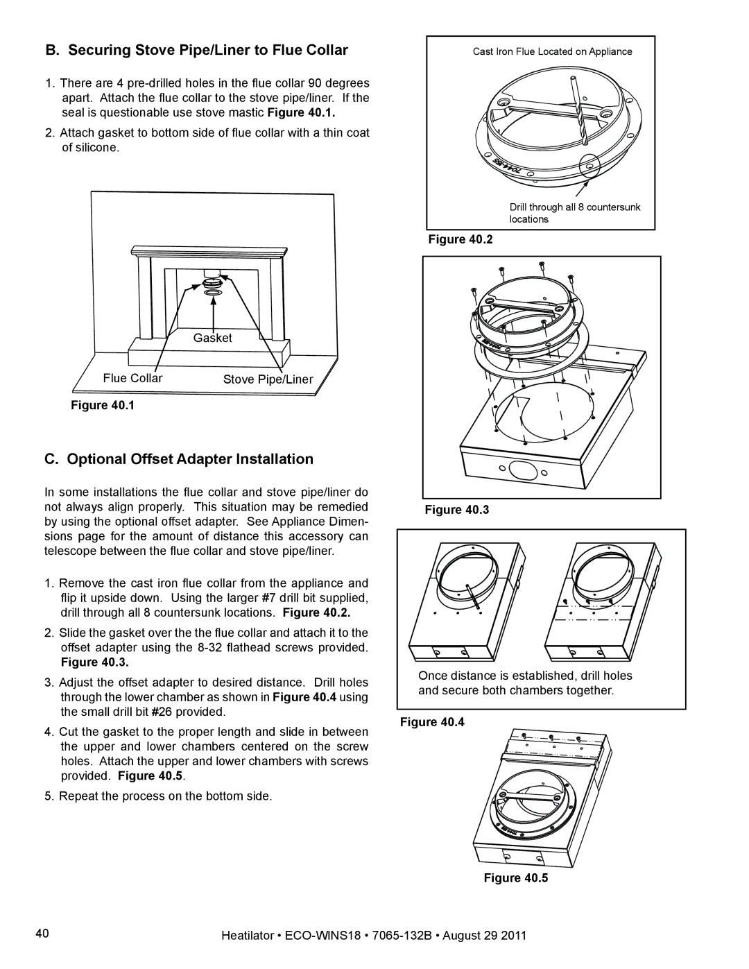 Heatiator ECO-WINS18 owner manual Securing Stove Pipe/Liner to Flue Collar, Optional Offset Adapter Installation 