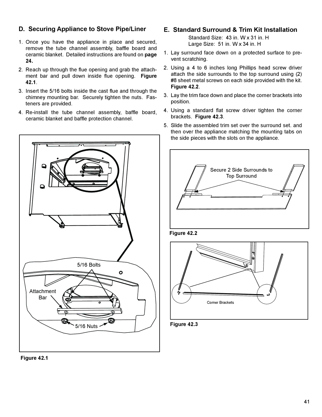 Heatiator ECO-WINS18 owner manual Securing Appliance to Stove Pipe/Liner, Standard Surround & Trim Kit Installation 