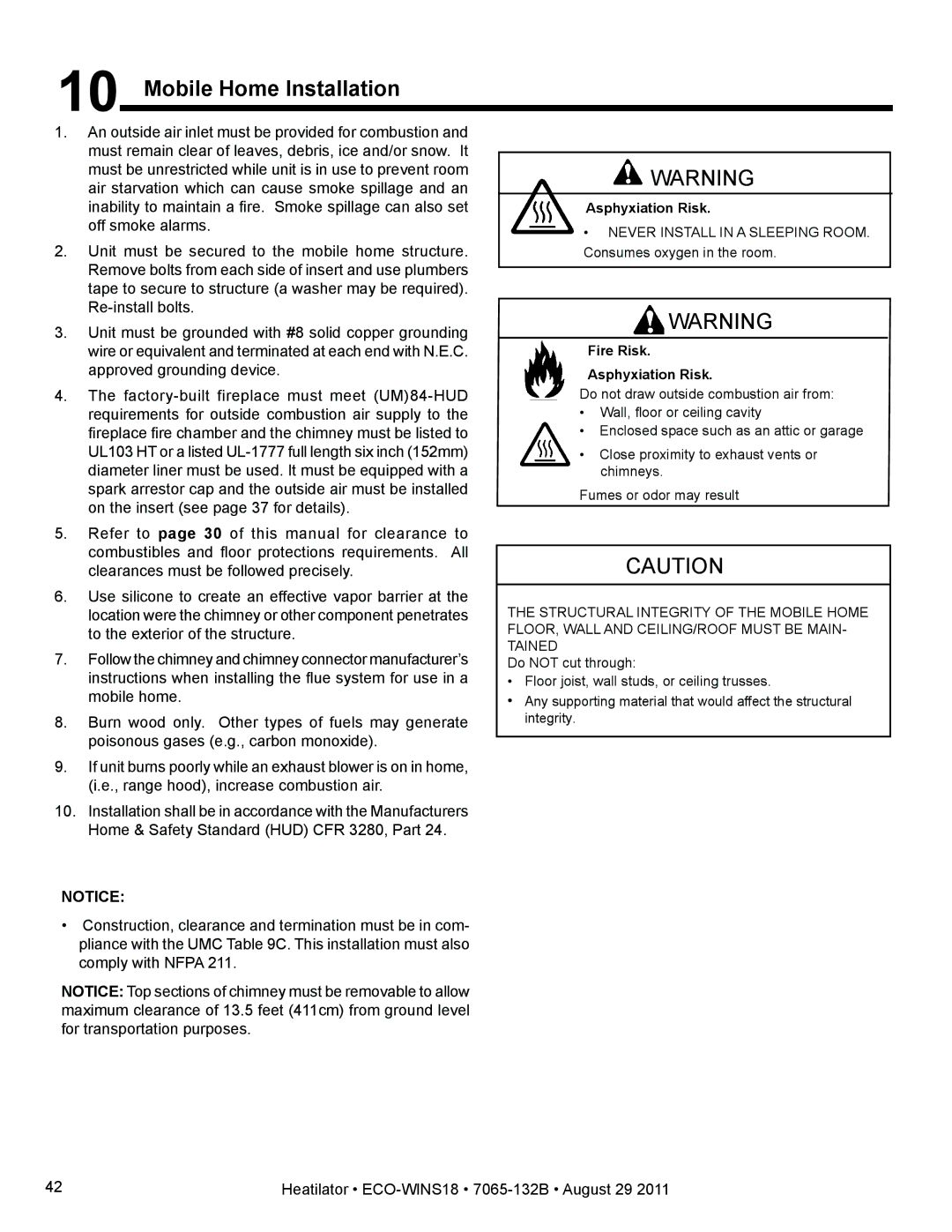 Heatiator ECO-WINS18 owner manual Mobile Home Installation 