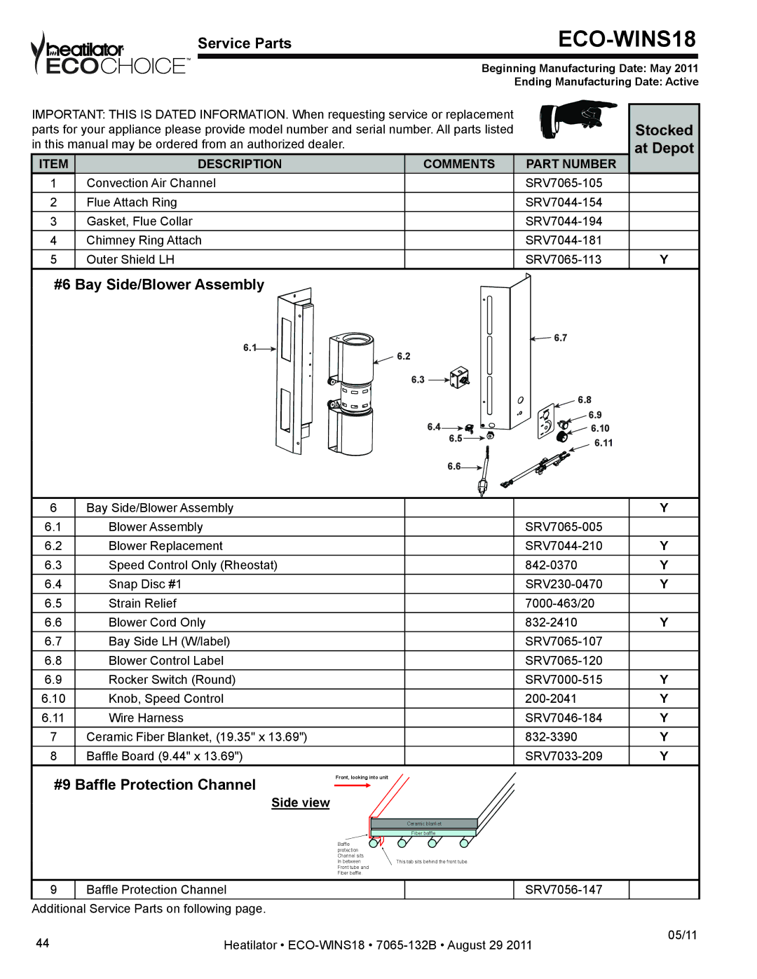 Heatiator ECO-WINS18 Service Parts, Stocked, At Depot, #6 Bay Side/Blower Assembly, #9 Baffle Protection Channel 