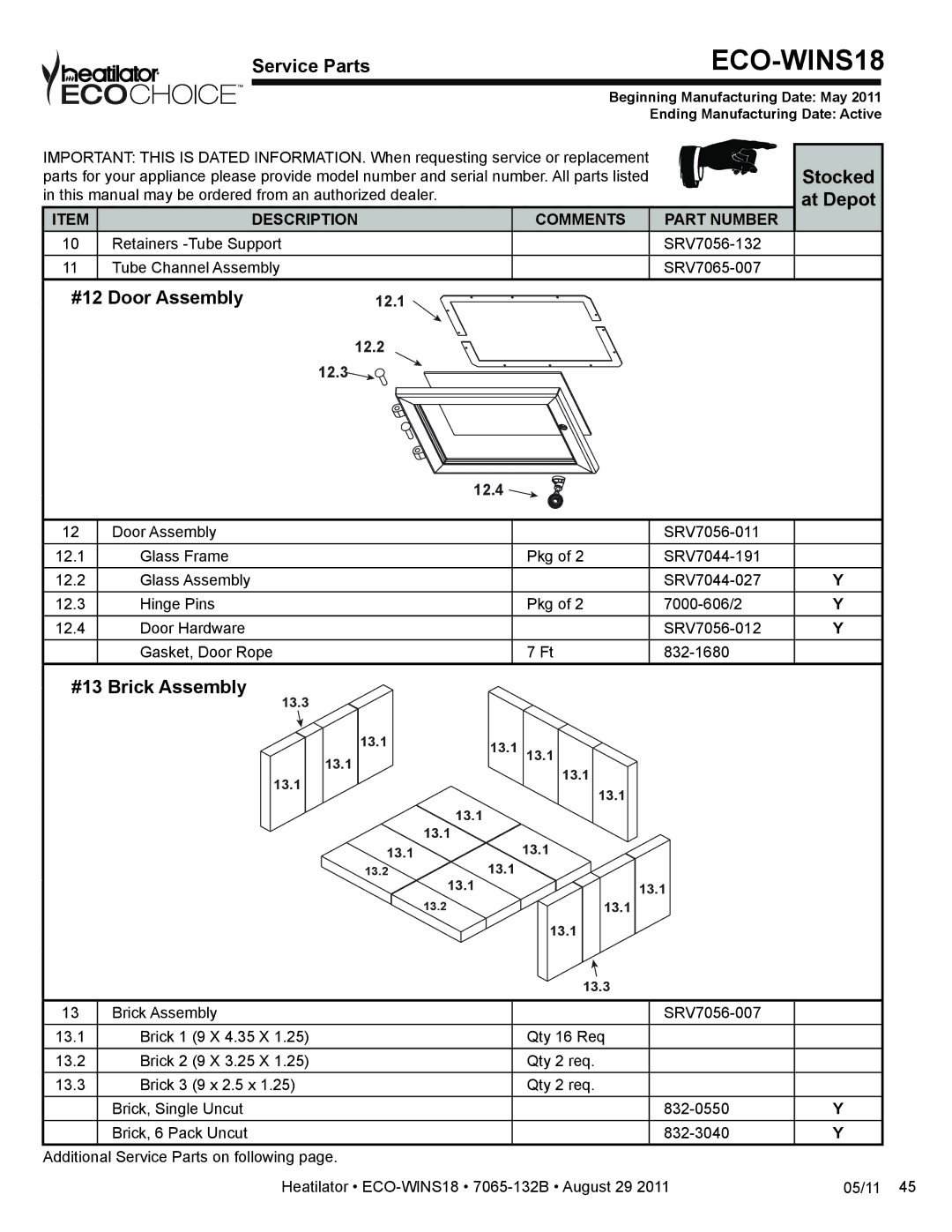 Heatiator ECO-WINS18 owner manual #12 Door Assembly, #13 Brick Assembly 