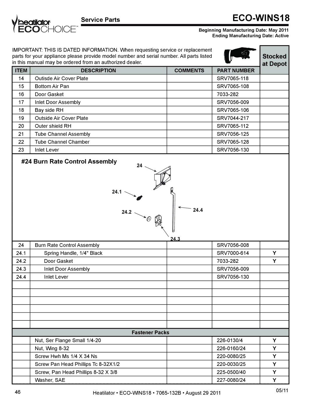 Heatiator ECO-WINS18 owner manual #24 Burn Rate Control Assembly, Fastener Packs 